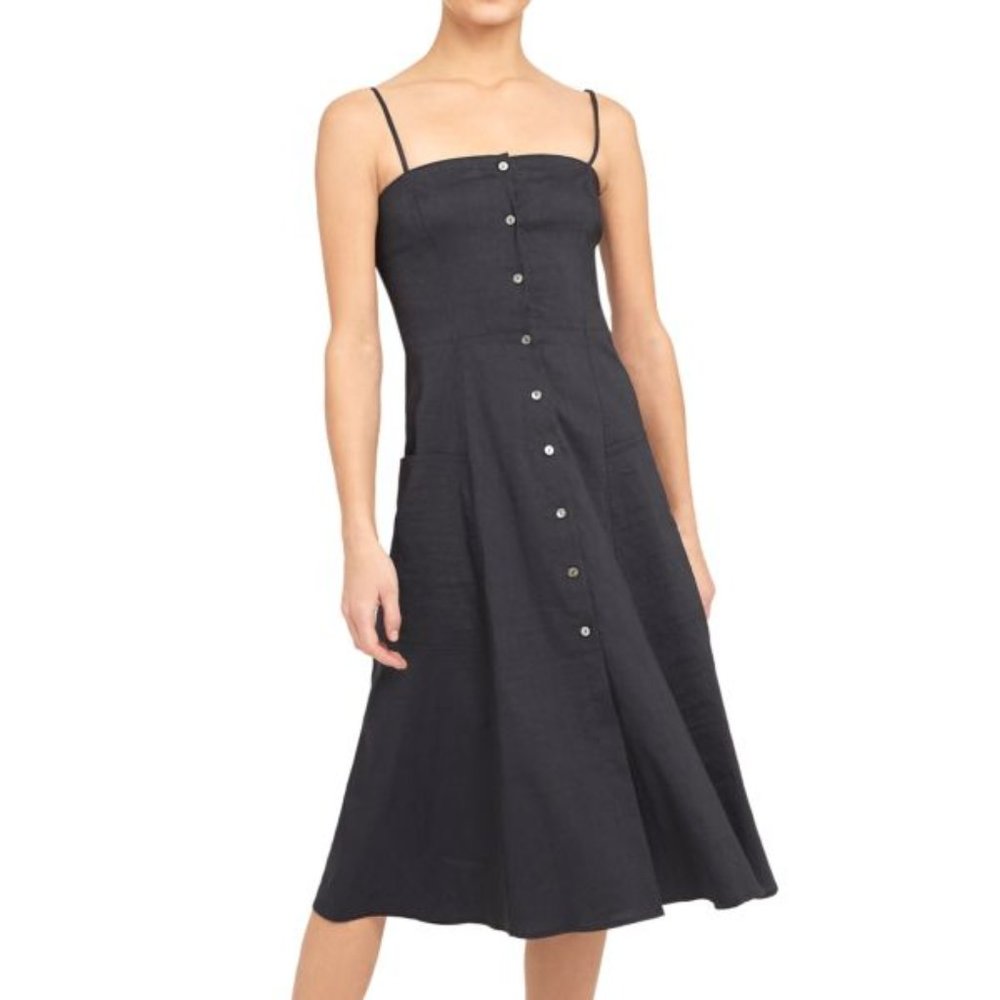NWT THEORY Kayleigh Button Midi Dress with Pockets - Linen Blend, Black, 10